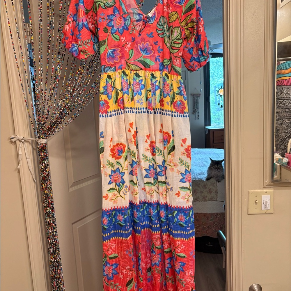 Johnny Was Multicolor Floral V-Neck Maxi Dress in Red, White, Blue, Yellow - Picture 4 of 11